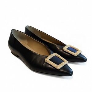Sam Edelman Pointed Toe Flats 7.5 Black Leather Gold Buckle Chic Luxury hi vamp